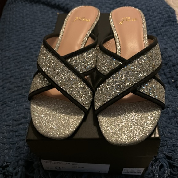 Jcrew glitter two strap sandals. Silver with black trim. - Picture 8 of 10